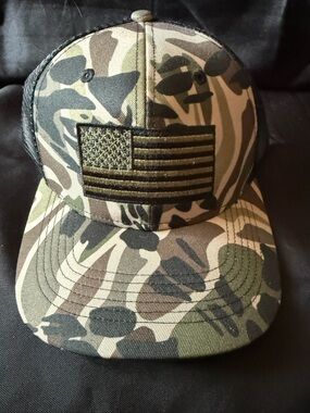 New PUGS Camo Trucker Hat with American Flag Patch - Green Camo